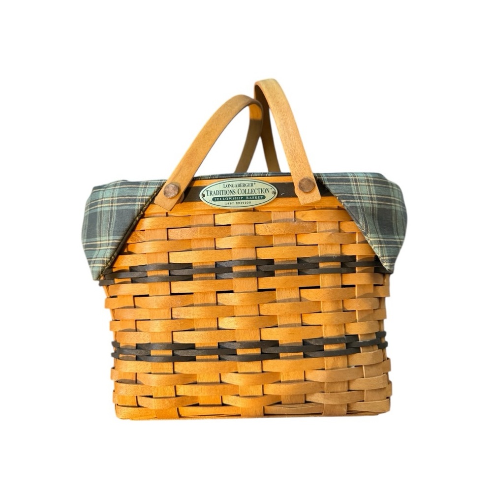 Longaberger Green, Yellow and Brown Woven Tote with Plaid Liner - Picture 2 of 7